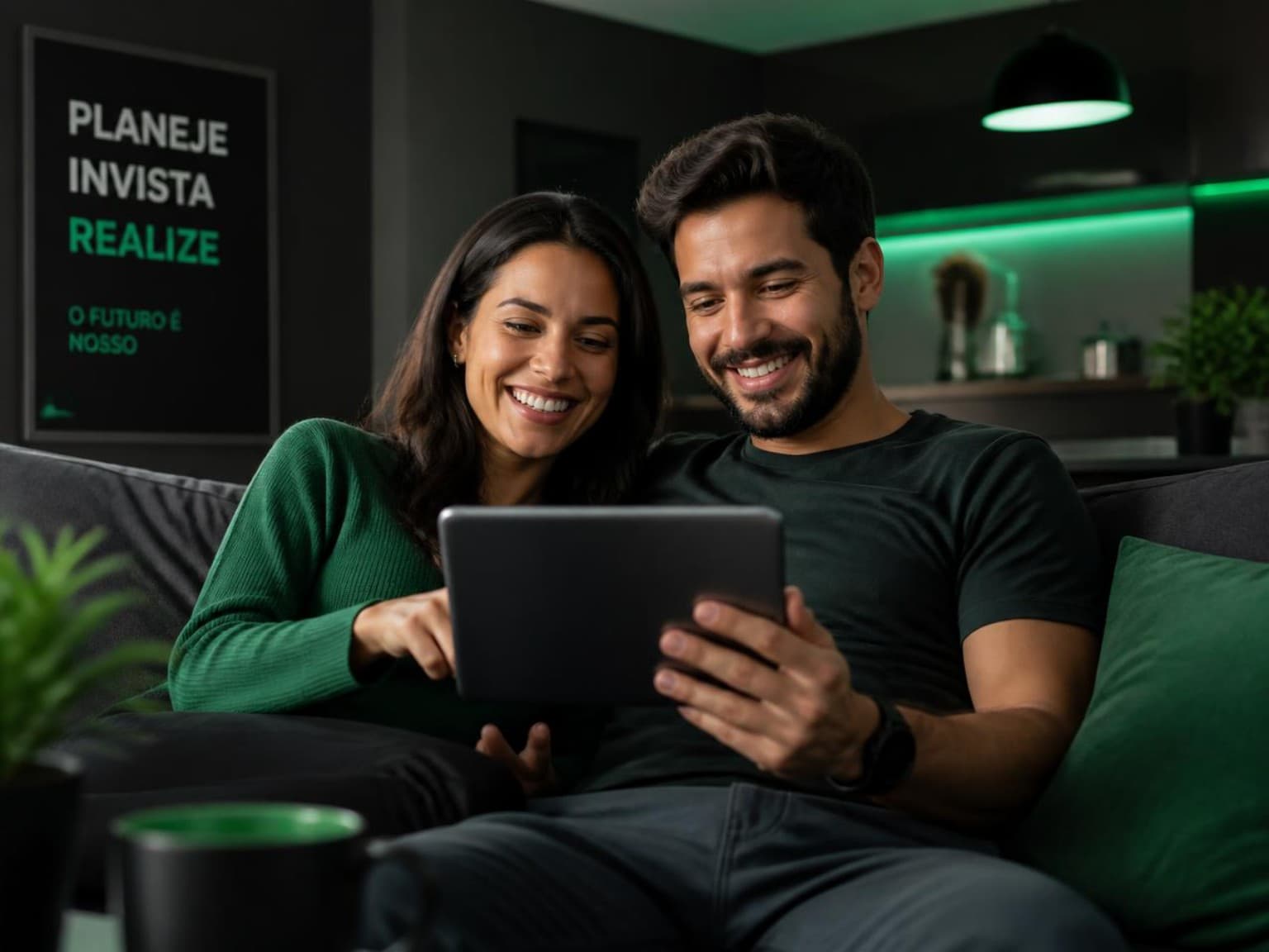 Casal consultando informações financeiras em um tablet