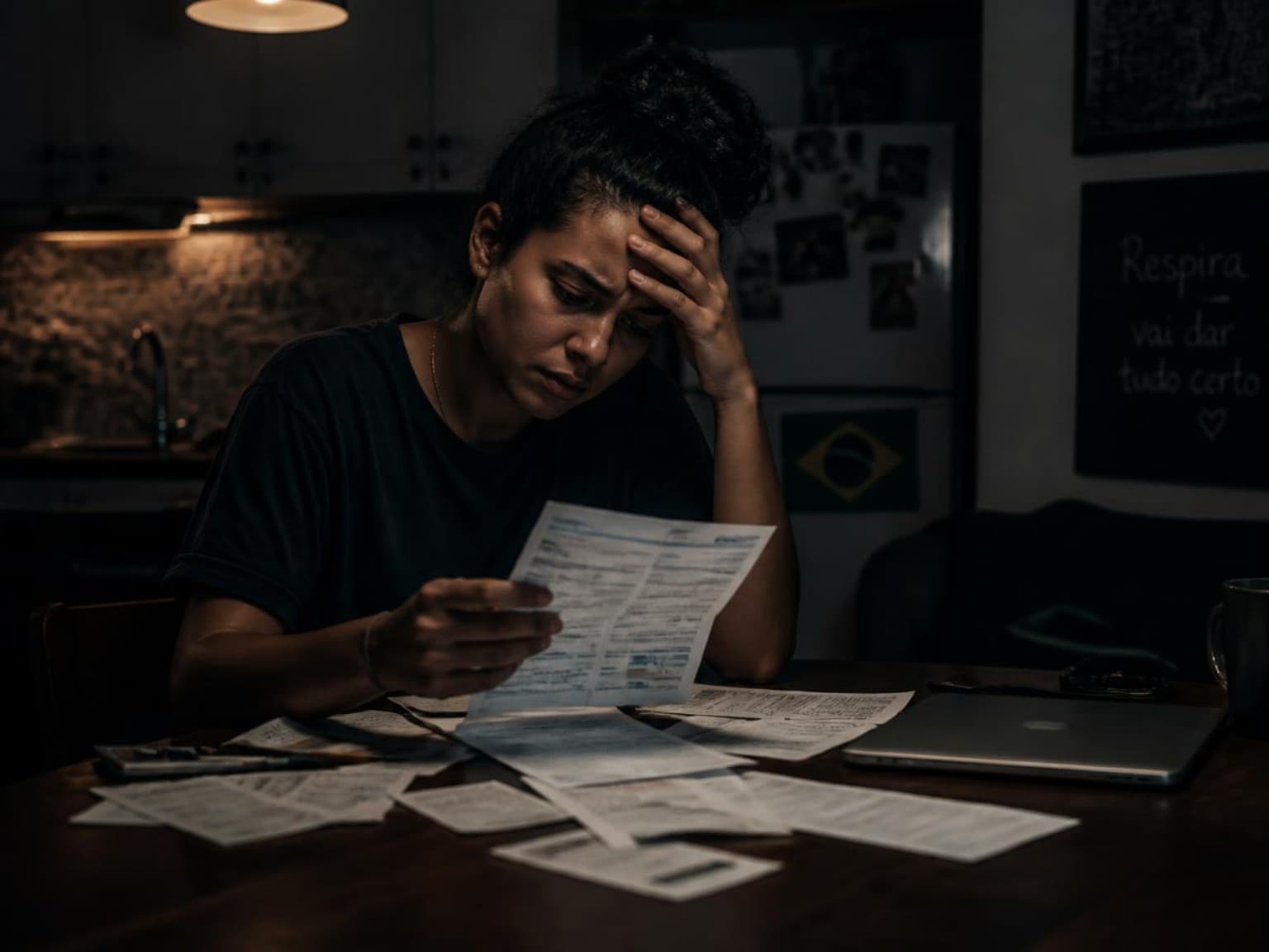 Pessoa analisando despesas e contas financeiras