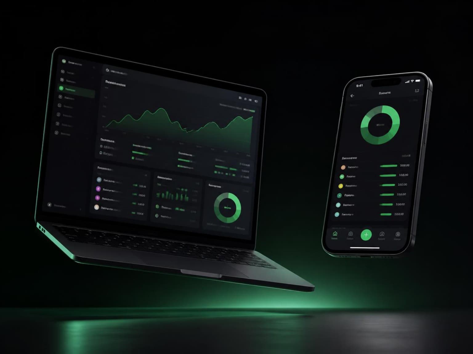 Visualização de uma interface de organização financeira em notebook e smartphone